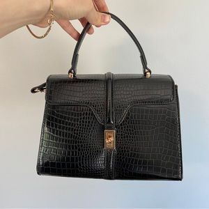 Top Handle Black Faux Crocodile Handbag